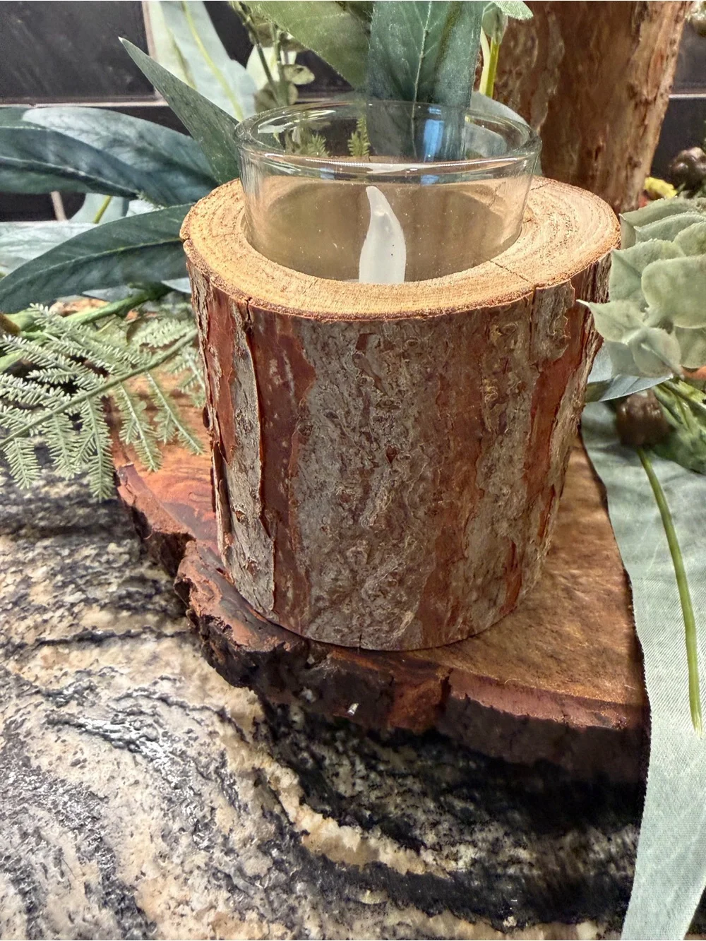 Rustic Lodge Cabin Wood Bark Votive Candle Holders - Natural Brown Centerpiece - Picture 12 of 15